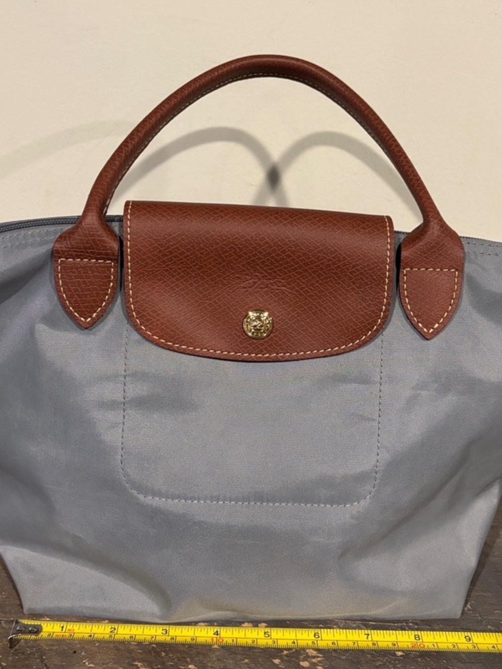 Longchamp Brown Leather-Trim Top-Handle Tote with Light Gray Body